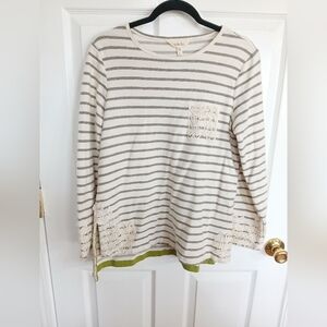 Womens Matilda Jane Striped Shirt With Crochet Floral Design Casual Basic Cotton